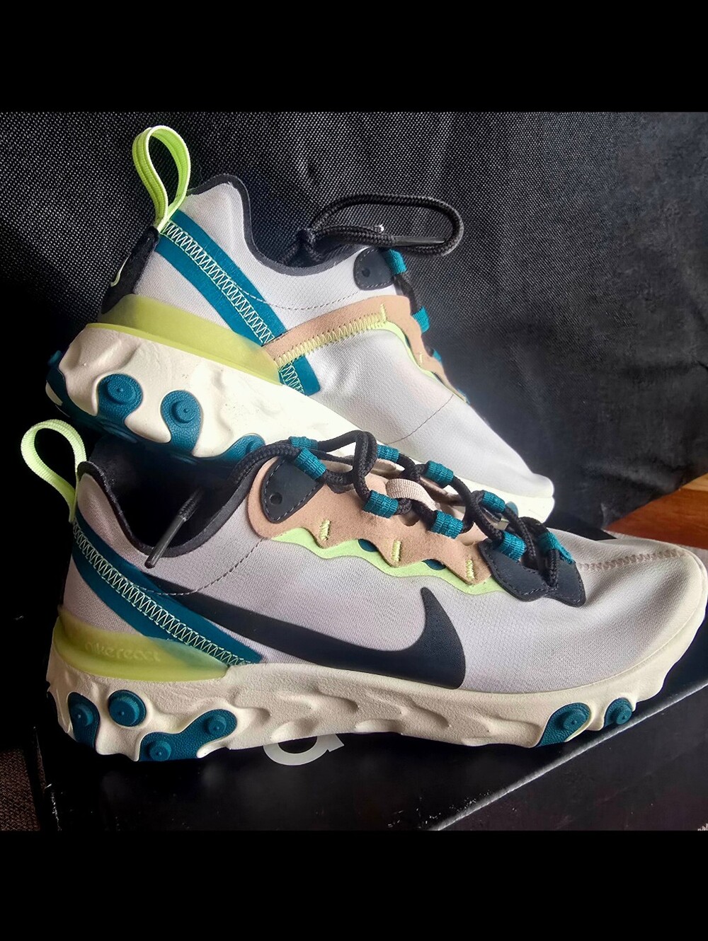 Nike React Element Sneakers in White with Teal & Lime Highlights